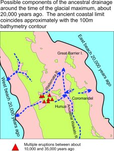 Principal Auckland drainage basins and rivers 20,000 years ago when sea level was much lower than present