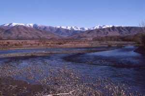 Gravelly, braided reaches of Ahuriri River, Otago, NZ. Some bars are sparsely vegetated. The headwaters are in the distant Southern Alps.