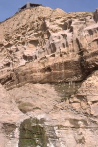 Closer view of discordant canyon-filling conglomerate and thick proximal turbidites, Black's Beach, California.