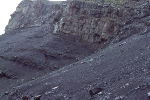 The base of the shelfbreak gully shown above, overlying and incising slope mudrock and thin turbidites.  Bowser Basin, British Columbia. The gully fill is mostly well bedded debris flow conglomerate separated by thin sandy turbidites and shale.