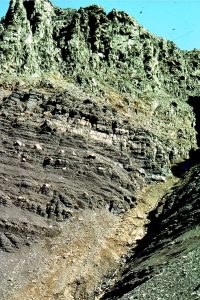 Coarsening- and bed-thickening upwards shelf (about mid shelf) to shoreface cycle, Jurassic Bowser Basin, northern British Columbia.  The coarser facies contains hummocky crossbeds (HCS) at storm wave-base, and subaqueous dune-ripples above fairweather wave-base.  There are numerous trace fossils indicative of high energy, such as Ophiomorpha, Rosellia, and Thalassinoides.