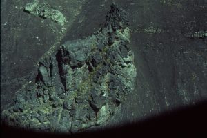 A large, rotated slump block of gully-fill conglomerate, embedded in disrupted slope mudrocks, shows the inherent instability of the gullies and associate slope deposits. Bedding within the block is also disrupted. The block is located just below the right margin of the gully shown in the above images. It is about 8 m from outcrop bottom to top. Tsatia Mt, Bowser Basin, British Columbia.