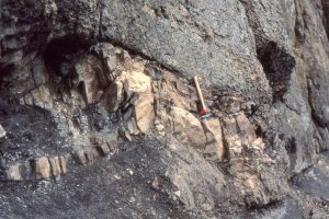 Mudstone rafts, captured by debris flows, near the base of the Todagin channel succession. Bowser Basin, British Columbia.