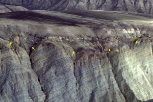 The unconformity (arrows) between Ordovician carbonates and Paleocene estuarine-tidal channel-spit facies that onlap an irregular, karst paleotopography. Eureka Sound Group, Ellesmere Island.