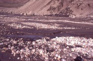 Gravelly, braided glacial outwash near the terminus of Strand glacier, Axel Heiberg Island. Erosional chutes, that form during falling stage, are filled with crossbedded sand. Sand patches on the bar top also represent the falling stage flow.