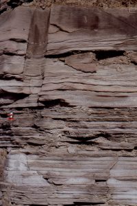 Laminated and thin-bedded fine sandstone, with a few crossbeds and ripples that may indicate mouth-bar deposition above wave base.  Pikeville, Kentucky.