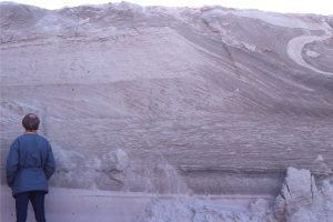 Outwash sand, deposited in large migrating dunes (upper half of outcrop), and multiple sets of climbing ripples (about level with the geologist). The topmost layer contains sandy muds folded and contorted by ice loading. Kanata, Ottawa