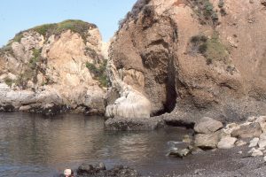 Closer view of the steep-walled contact between the granodiorite bedrock and conglomeratic Pt. Lobos submarine canyon fill.