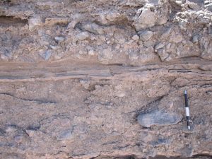 Two distinct debris flow units, separated by thin bedload-deposited sands, or possibly a thin hyperconcentrated flow.  Arid alluvial fan, Atacama, northern Chile.  The outcrop sheen is caused by films of halite and gypsum from the nearby salar.