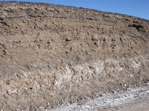 Cross section through inactive fan segment, showing multiple debris flow and sheet flood layers. The outcrop is about 2m high.  This is a more distal part of the alluvial fan, and clast sizes are usually less than 15cm. Atacama, northern Chile.