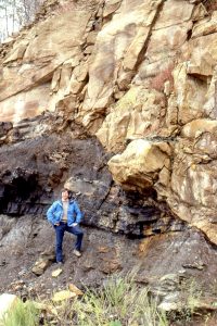 A compaction fault has juxtaposed Carboniferous delta plain channel sandstone against floodplain silts and muds.  Near Hazard, Kentucky.