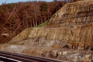 Proximity to a basement fault has focused sedimentation, resulting in the stacking of successive delta plain fluvial channel-point bars. Point bar accretion was to the right. Carboniferous, near Louisa South, Kentucky