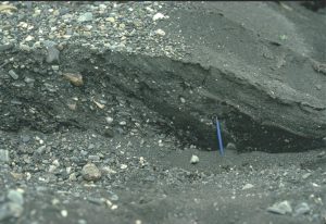 2-dimensional pebbly dunes, each with simple planar tabular crossbeds, formed along the margins of larger gravel braid bars during river falling stage. Monster River, Yukon.