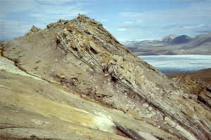 Paleocene washover-fan sandstone associated with barrier island and tidal inlets (see images above from the same formation). The sands overlie and interfinger with thin coaly and carbonaceous marsh-lagoon deposits. Expedition Fm, Axel Heiberg Island, Canadian Arctic. Person for scale in the image center.