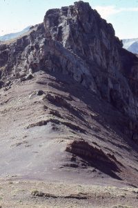 Well bedded, partly recessive Late Jurassic to Early Cretaceous foreland basin deposits (Kootenay Group) of thin coal beds, paleosols, overbank and swamp mudstones-siltstones, overlain by conglomerate (resistant units at top), shed from a renewed phase of thrusting and folding in the Alberta Foreland Basin - Conglomerate comprises the Lower Cretaceous Cadomin Fm. interpreted variously as braidplain, alluvial fan, and pediment.