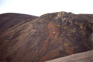 Syntectonic conglomerate (Buchanan Lake Fm.) over-thrust by Ordovician limestone (that also contributed debris to the conglomerate), Franklin Pierce Bay, Ellesmere Island. 