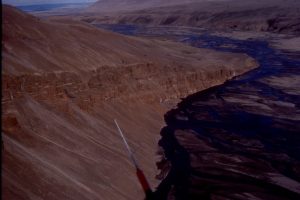 Aerial view of Middle Eocene, syntectonic alluvial fan - braidplain conglomerate outboard of thrusted uplands. Geodetic Hills, Axel Heiberg Island.