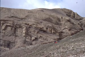 Syntectonic conglomerate-sandstone braided river deposits that accumulated outboard of faulted uplifts. Boulder Hills, Ellesmere Island. The conglomerate components represent gravel braid bars. The grey-brown lithic sandstones contain abundant trough crossbeds.