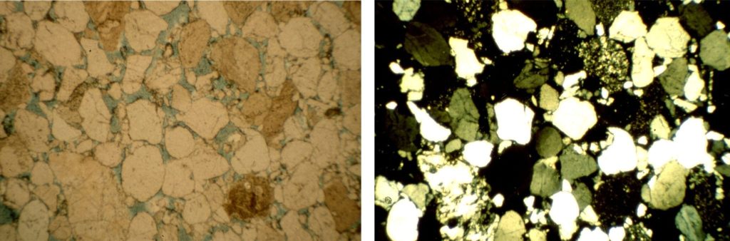 Thin section micrographs of a lithic sandstone (arenite). Left: plane polarized light, showing individual grain shapes and intergrain contacts.  The blue areas are pore spaces filled with blue resin. Right: Crossed nicols, showing quartz in various stages of extinction, lithic grains (speckled), and minor potassium feldspar. Ellerslie Fm, Alberta. Most grains here are about 0.2 - 0.3mm across.