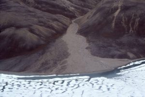 Small, steep sloped fan delta along Emma Fiord. Darker surface on left is older and inactive.