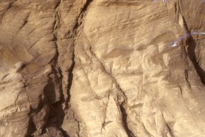 Detail of deformation associated with slumping - here, boudinage and tight recumbent folds in dark brown sandstone layers. Late Miocene, basin floor submarine fan, Mt. Messenger Formation, North Taranaki, New Zealand.