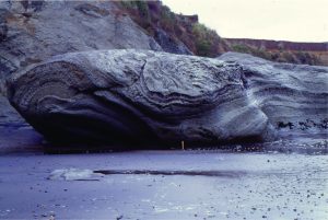 The iconic 'Jam Roll' slump in Late Miocene, basin floor submarine fan, Mt. Messenger Formation, North Taranaki, New Zealand. Folded sandstone-mudstone almost completely encloses the structure.