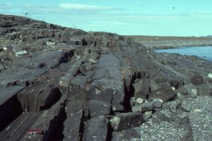 Bedding style in the Omarolluk Fm. turbidite succession, Proterozoic, Belcher Islands (about 1800-1900 Ma). Mid fan channel sandstone and overbank