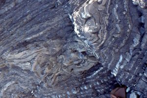 Small slump package in thinly bedded distal fan facies, Point San Pedro, California. Combinations of brittle, ductile and fluid behaviour during deformation. Backpack for scale bottom right.