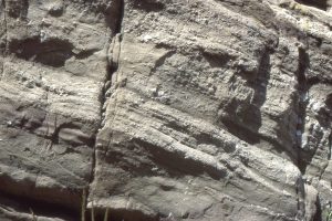 Closer view of image above, showing crossbedded sandstone and grit-pebble sized material from the Violin Breccia. Ridge Basin, California.