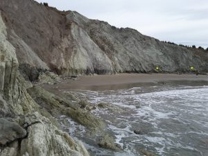 Coastal exposure of an active accretionary prism, Waimarama, eastern North Island. The accretionary prism here consists of telescoped slivers of sea-floor sediment, above Hikurangi subduction zone.  Left: Thrusts and associated shearing in bentonitic mudrocks, sandstones, and marls (arrows), looking north.