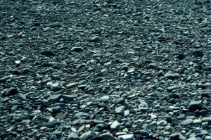 Modern river gravels containing abundant platy rock fragments that are aligned by the prevailing currents. The imbrication here indicates flow to the right - dips on the platy clasts dip upstream.