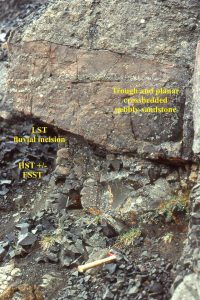 Closer view of the abrupt contact between the erosional base of the LST fluvial channel, and the preceding shelf parasequence. Tsatia Mountain, Bowser Basin.