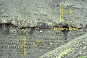 The Tsatia Mountain section contains some shelf parasequences that are truncated by lowstand, channelized fluvial sandstone - the LST. The TST is a thin, pebbly mudstone similar to that in the image immediately above. Bowser Basin.