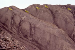 Sequence 3. River-dominated prodelta - delta front parasequences.  About 300m of stratigraphy here. Abrupt, mappable parasequence tops coincide with the MFS. Axel Heiberg Island. The HST part of parasequences higher in the succession are capped by thin coal beds (e.g., as vegetated interdistributary bay).