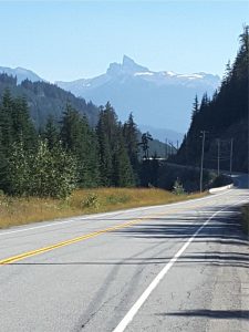 Black Tusk is the remains of an eroded stratovolcano whose foundations erupted about 1.3Ma. Rocks forming the present pinnacle were erupted about 200,000 years ago. This dome was subsequently eroded by the Cordilleran Ice sheet.  Left: from the Callaghan River access road.