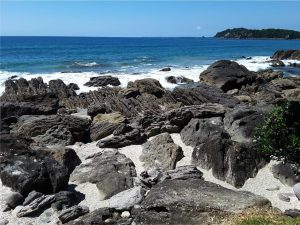 Late Pliocene flow-banded rhyolite at Mount Maunganui, New Zealand.