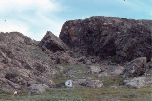 Jointed lava flows and wrap-around piles of pillow lavas on Flaherty Island. Outcrops often permit the 3-dimensional geometry of flows and pillows to be mapped. The pillowed unit is about 8 m thick (person at centre).