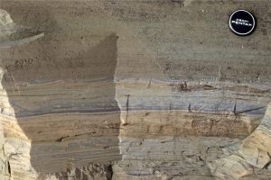 Laminated and convoluted volcaniclastic Tc-d turbidite intervals. The middle graded bed truncates the convolutions below.