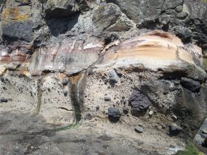 Closer view of the flow-volcaniclastic succession, Karioi volcano. The lower breccia may be in part a lahar, but there are indications of bedforms indicative of supercritical flow under base-surge conditions.