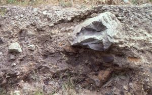 Very poorly sorted lahar breccia - the large block is 50 cm across. Andesite clasts are supported by a muddy matrix. There is no grading, and no bedforms.