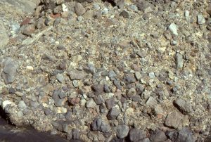 Typical submarine debris flow triggered on the flanks of an Early Miocene volcano, consisting of andesite pebbles and cobbles, and a few broken molluscs, solitary corals, and bryozoa. This example shows crude grading in 3 flow units.