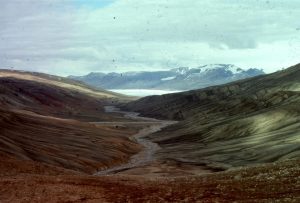 Lower Paleocene sandstone (right of the stream) in unconformable contact with Permian sandstone and limestone - the contact is located in the stream. Canon Fiord, Ellesmere Island.