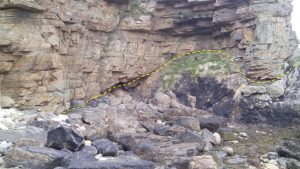 1 Thin, crossbedded bedded sandstone onlap Moine schist, possibly deposited as attached channel sand bars. Local relief on the unconformity is about 2 m.