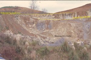 The Late Eocene-Oligocene Te Kuiti Group (New Zealand) contains cool-water carbonates and associated mudrocks, that accumulated on a broad platform during a period of relative crustal stability. The deposits gradually onlapped  eroded Mesozoic greywacke basement (Torlesse-Waipapa terranes), as shown in this quarry, west of Te Kuiti town.  The limestone unit is the Otorohanga Limestone. This stratigraphic pinchout is unconformably overlain by Early Miocene, deeper water Mahoenui mudstone.