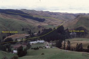 The Late- Miocene - Pleistocene Wanganui Basin occupies a position between the Hikurangi subduction zone and the Late Cretaceous - Miocene rift-passive margin succession comprising Taranaki Basin. Along its eastern margin, Wanganui Basin strata onlap much older greywacke-greenschist basement, shown above at Otupae Station (about 30km SE of Waiouru, along the west flank of the Ruahine Ranges.