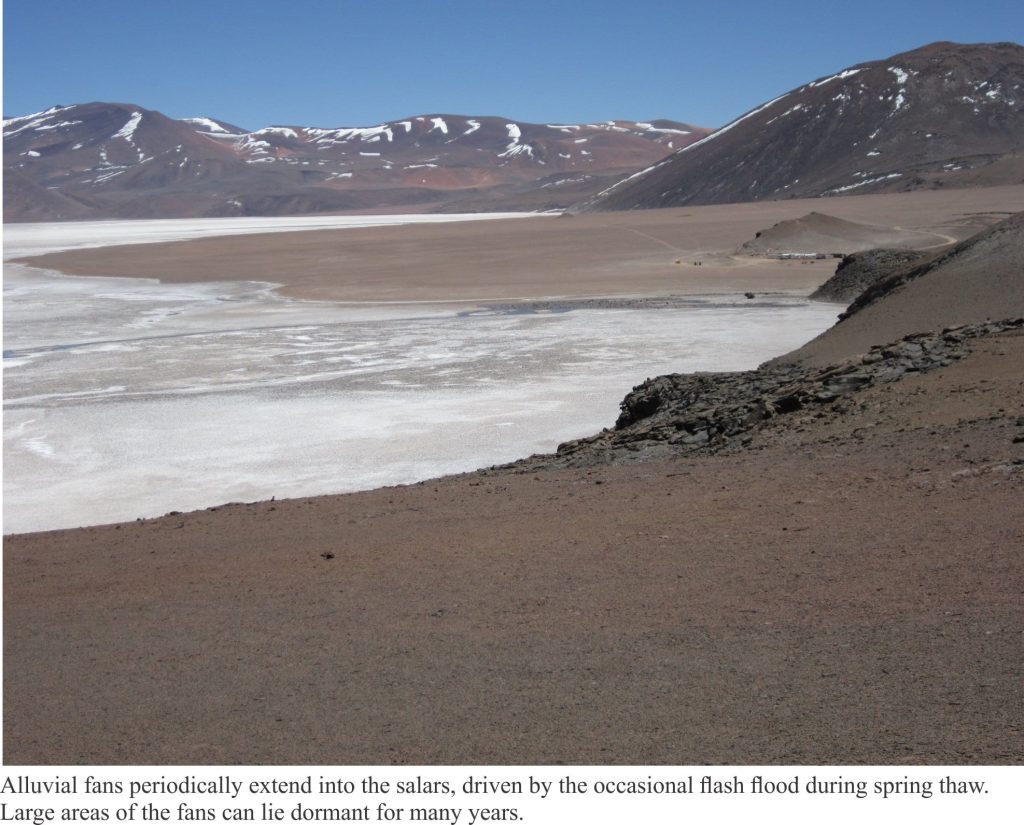 Alluvial fan dipping its toes in the gypsum-halite salar