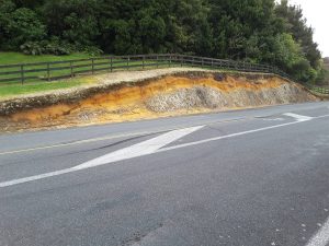 Thin (pumice) loam on  airfall ash, that overlies partly welded ignimbrite (the orange ash layers may be co-ignimbrite). Iron oxide staining indicates groundwater seepage and mineral alteration. Mamaku, north of Rotorua N.Z.