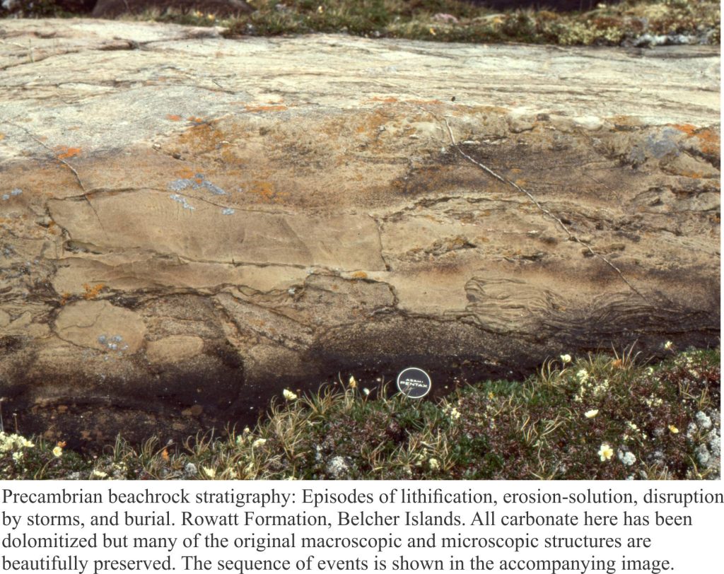 Multiple episodes of beachrock formation and erosion, where blocks of cemented grainstone are stacked in jumbled arrangement, then recemented. Proterozoic Belcher Islands.Precambrian