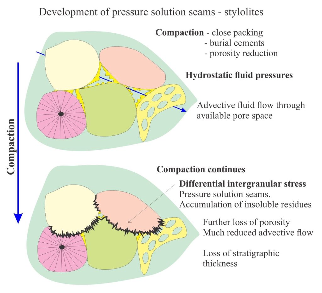 Diagram showing the prgression of pressure solution and burial compaction