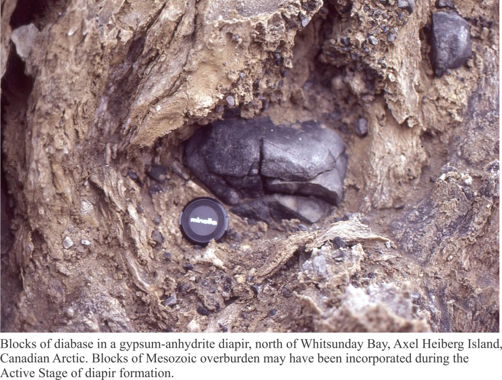 Overburden inclusion of diabase in a gypsum-anhydrite-halite diapir, Axel Heiberg I.